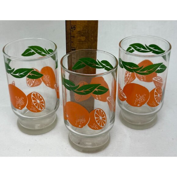 Vintage Orange Citrus Juice Glasses Green Leaf Design Set Of 3 Footed Tumblers - Picture 5 of 5
